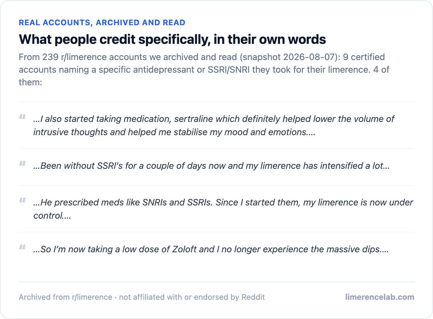 Four real archived accounts naming a specific antidepressant or SSRI/SNRI