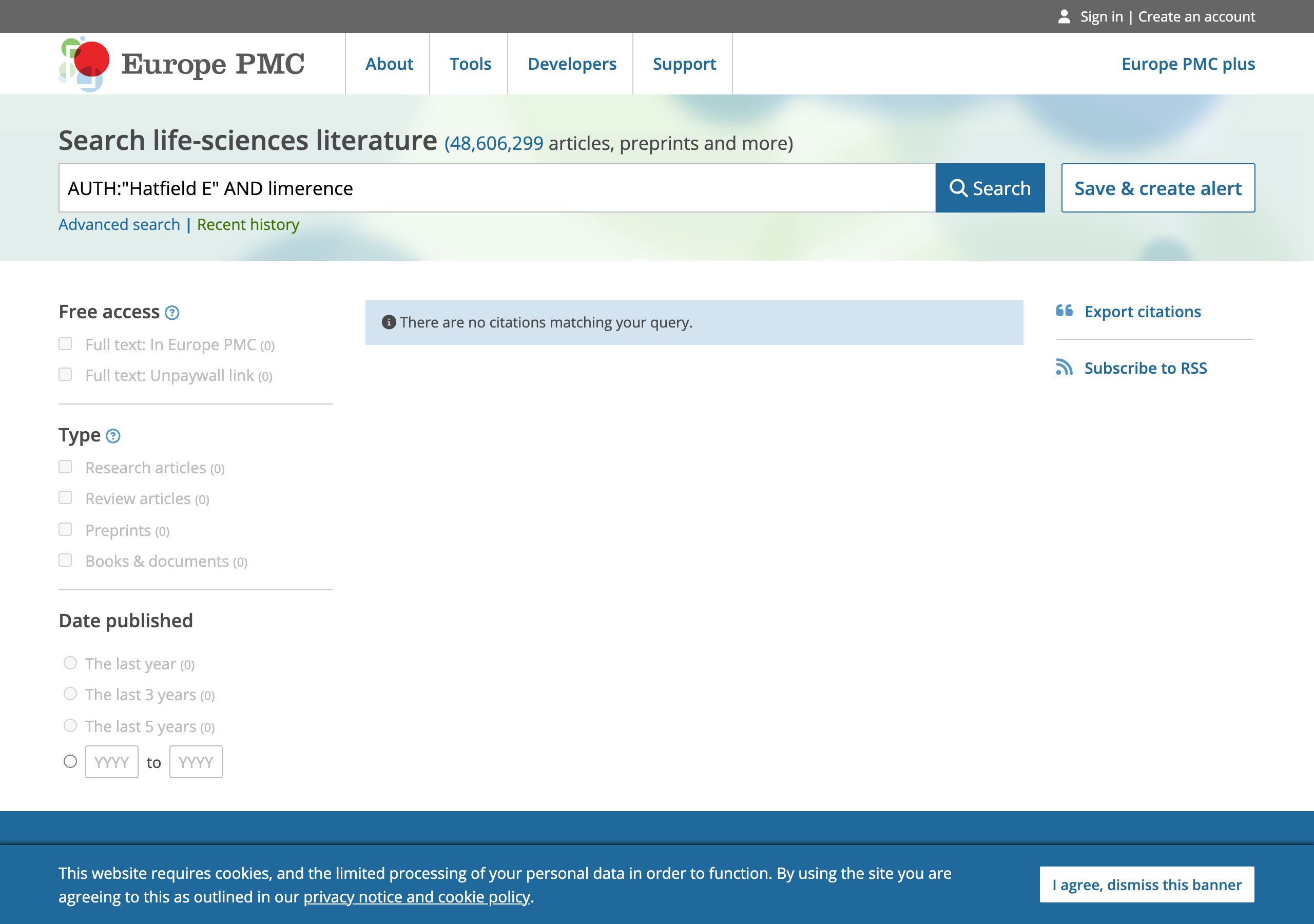 Europe PMC search results for Hatfield E AND limerence, showing no citations matching the query