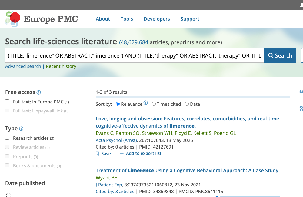 Europe PMC search results for limerence and therapy-related terms, showing 3 results