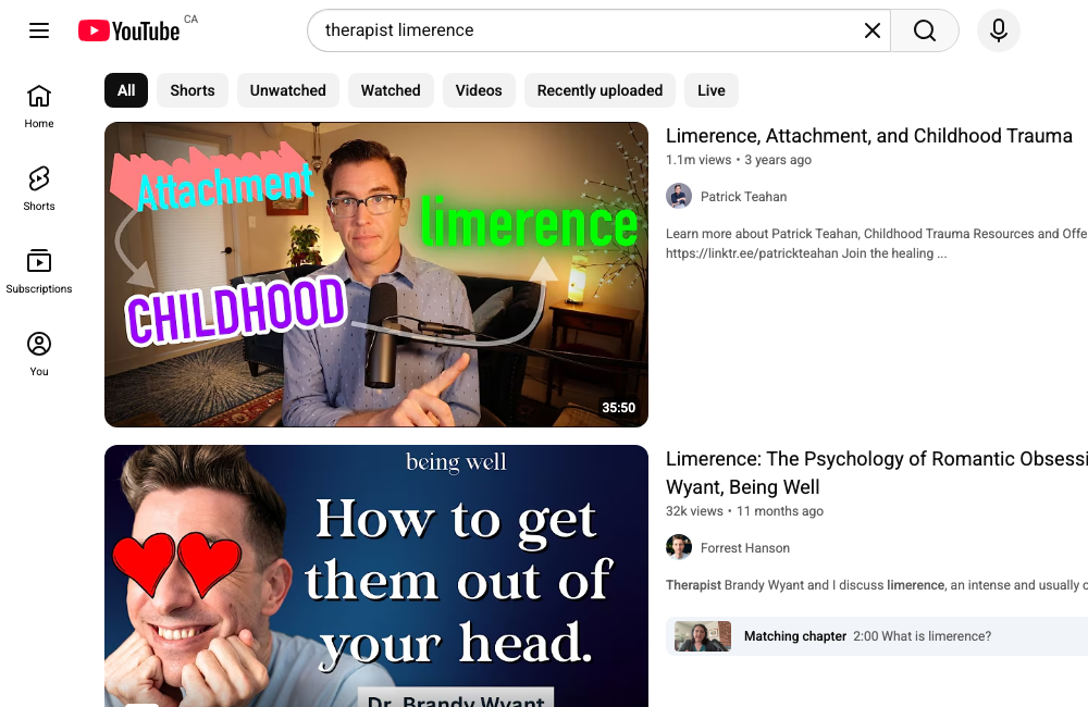 YouTube search results for therapist limerence, showing real videos discussing the connection