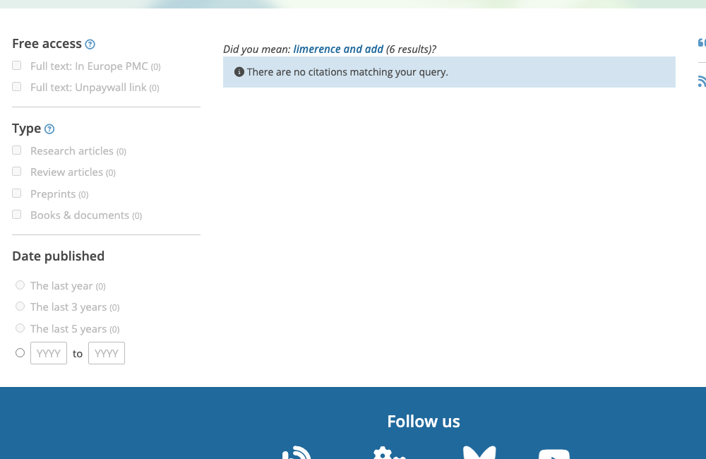 Europe PMC search results for limerence and ADHD, showing no results