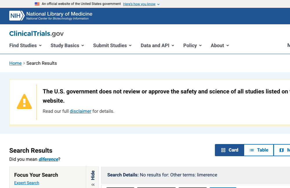 ClinicalTrials.gov search results for limerence, showing no results