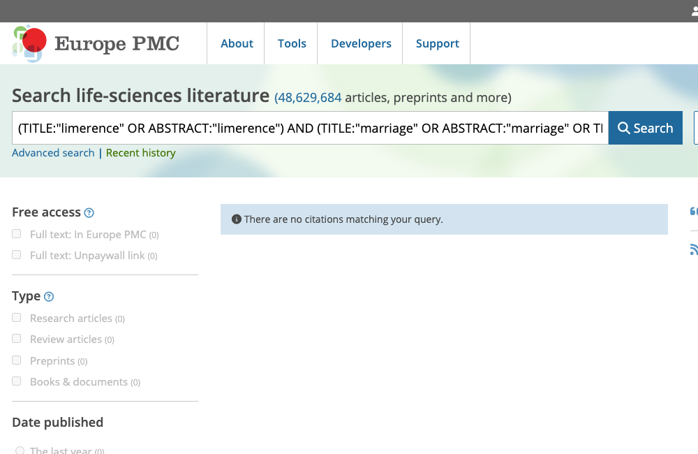 Europe PMC search results for limerence and marriage/infidelity terms, showing no matching citations