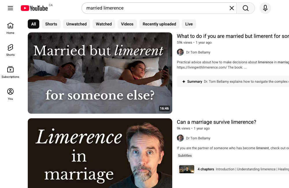YouTube search results for married limerence, showing real videos discussing the connection
