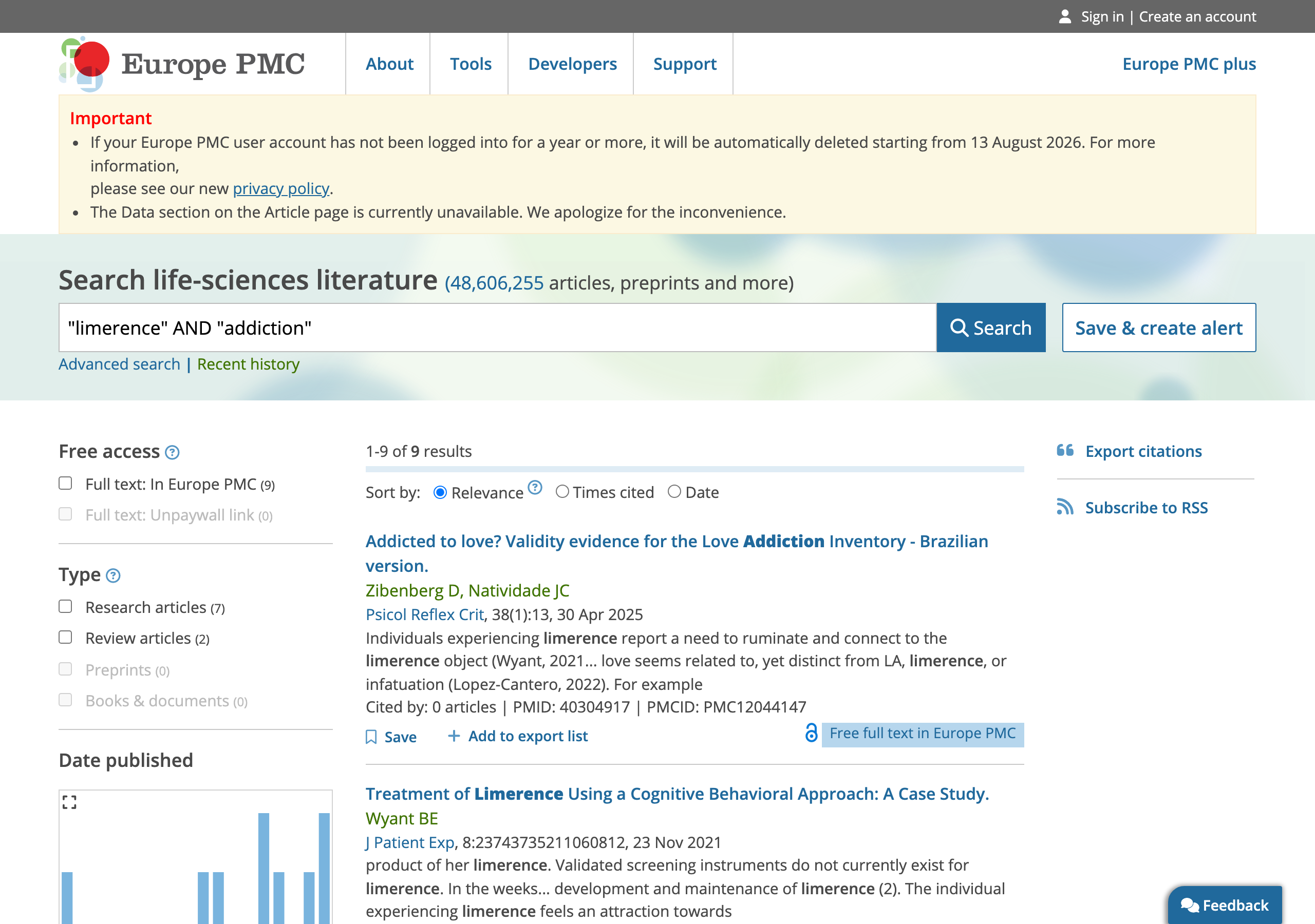 Europe PMC search results for 'limerence' AND 'addiction', showing 9 results