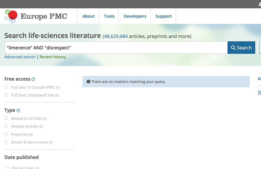 Europe PMC search results for "limerence" AND "disrespect", showing 0 results