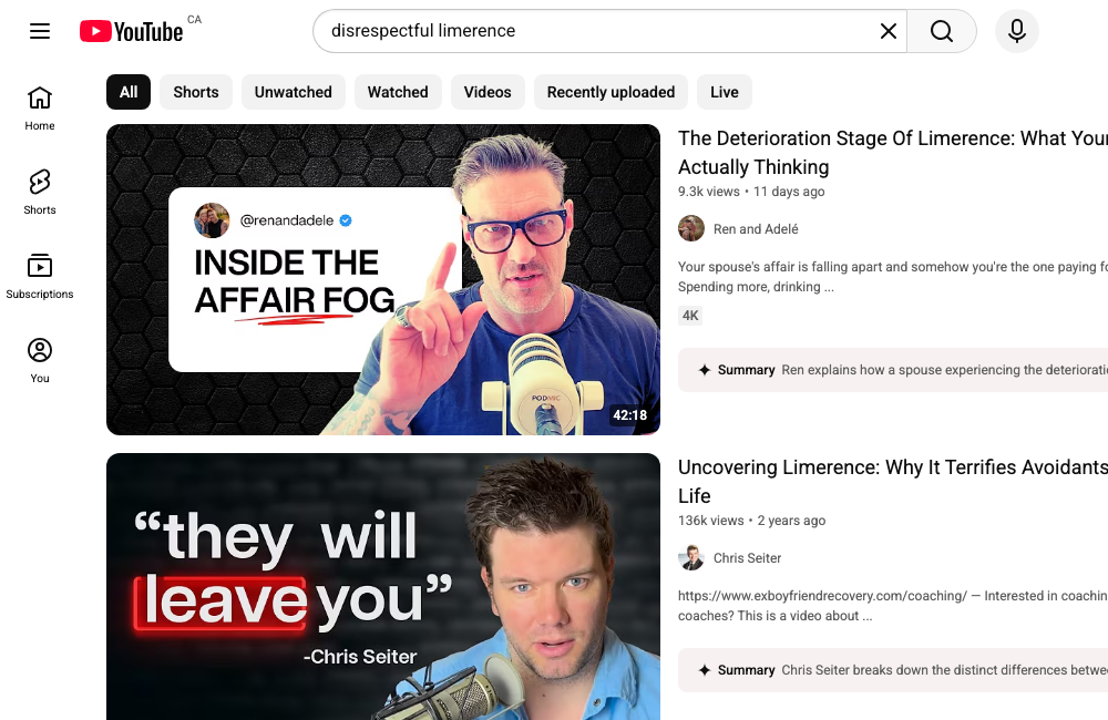 YouTube search results for disrespectful limerence, showing real videos discussing the connection
