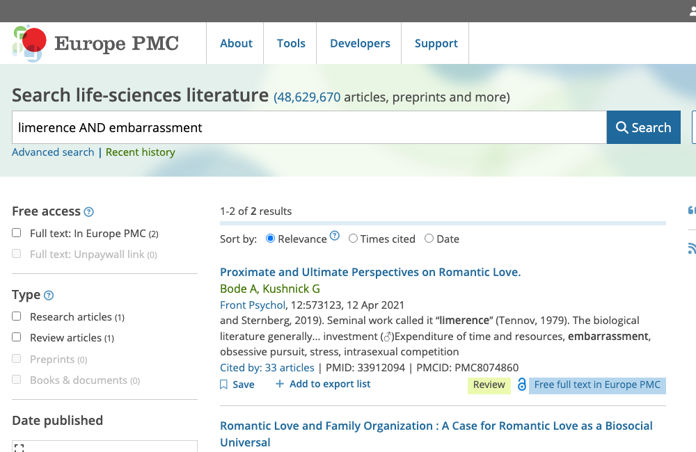Screenshot of the Europe PMC search results for limerence and embarrassment