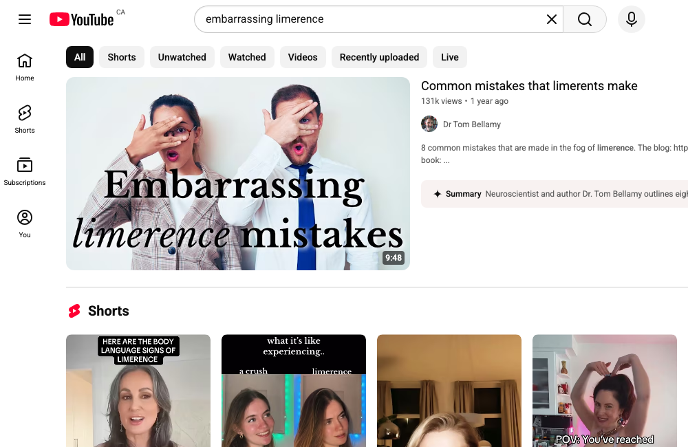 YouTube search results for embarrassing limerence, showing real videos discussing the connection