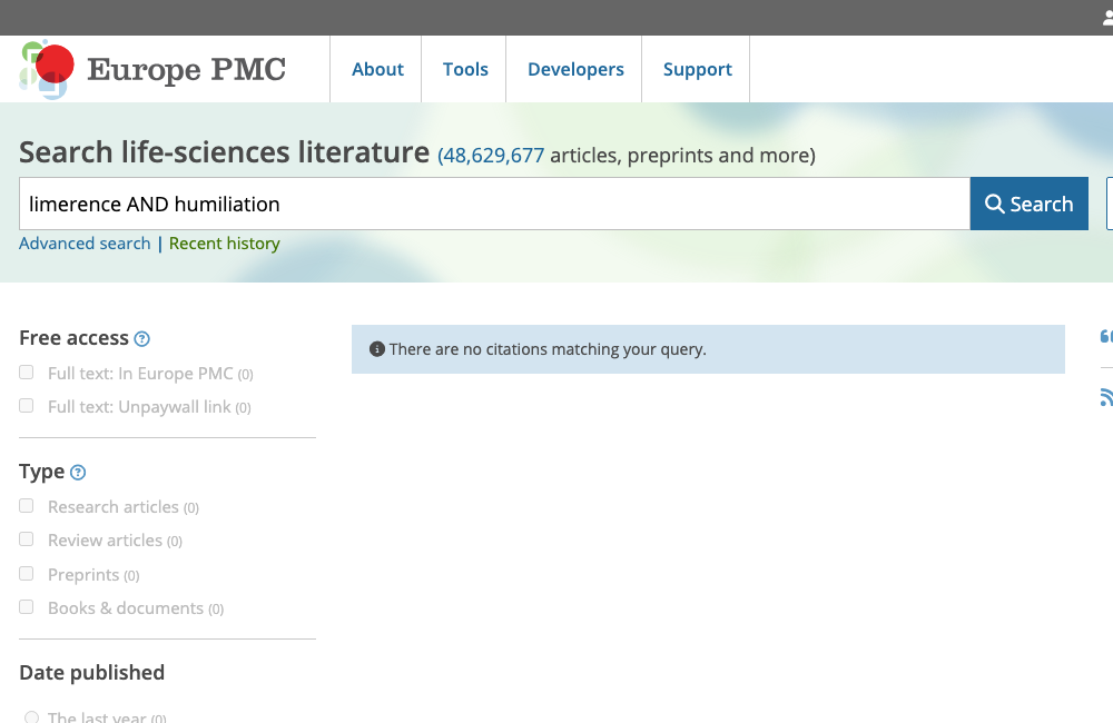 Screenshot of the Europe PMC search results for limerence and humiliation showing no matching records