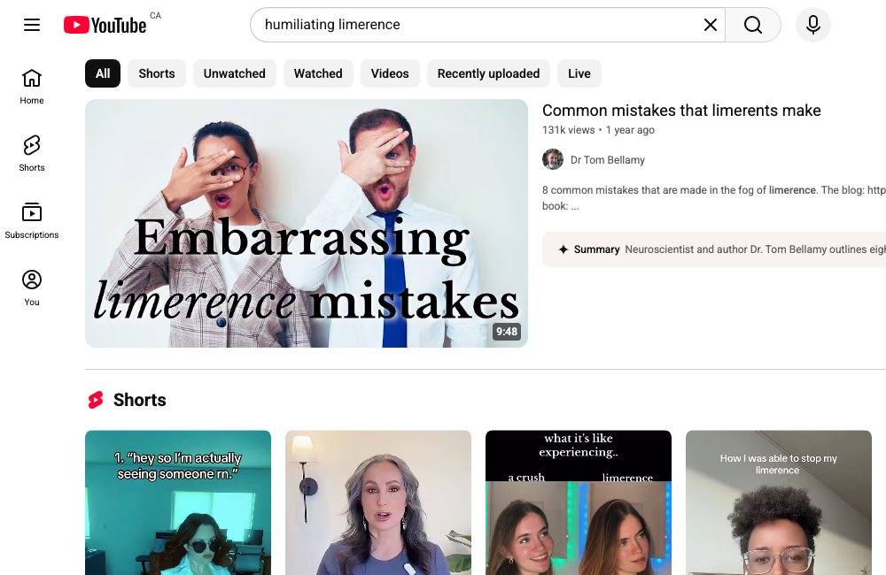YouTube search results for humiliating limerence, showing real videos discussing the connection