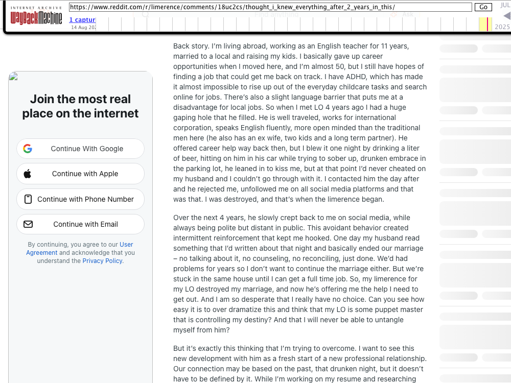 An archived Reddit post, username blurred. What ADHD accounts say about their own limerence.
