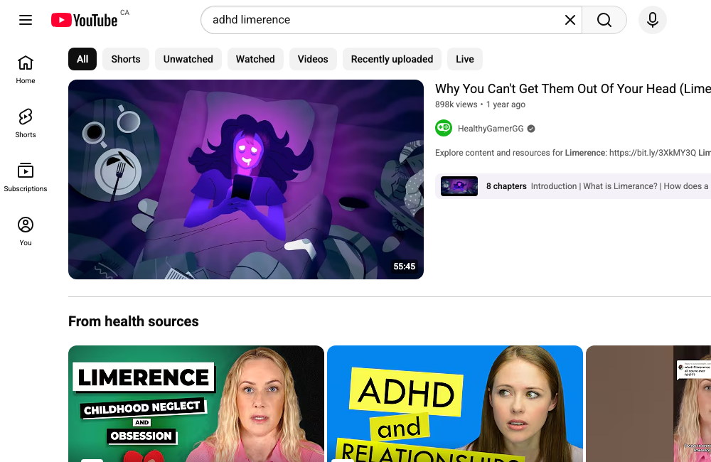YouTube search results for "adhd limerence", showing the top-ranking video