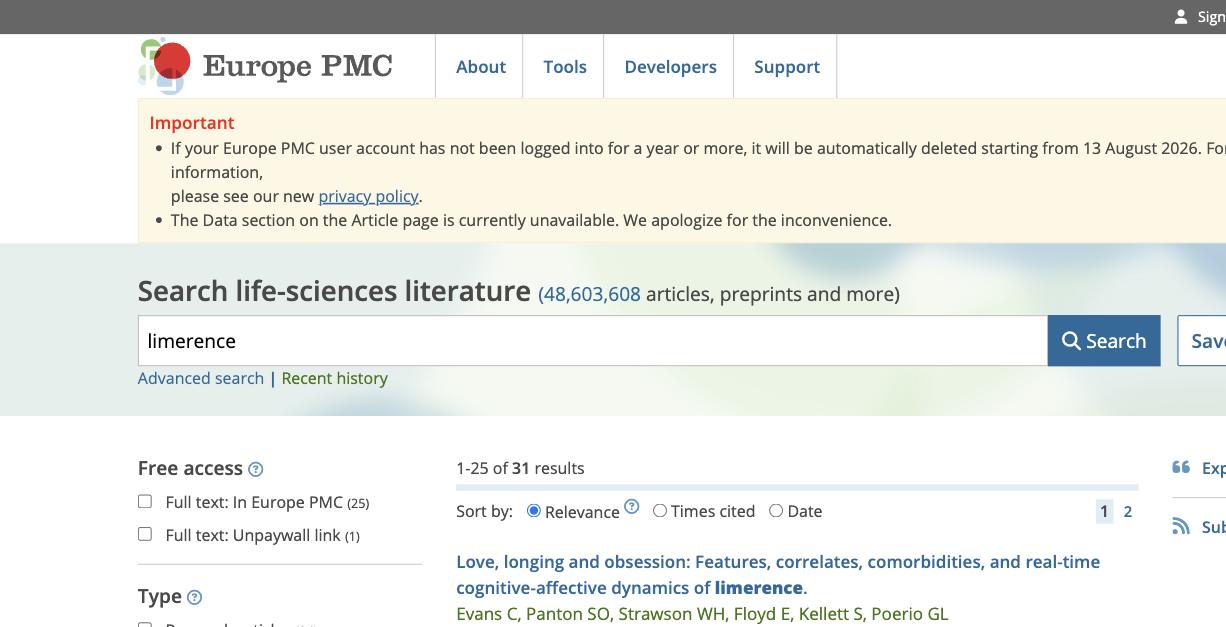 Europe PMC search results page for the term limerence, showing 31 results.