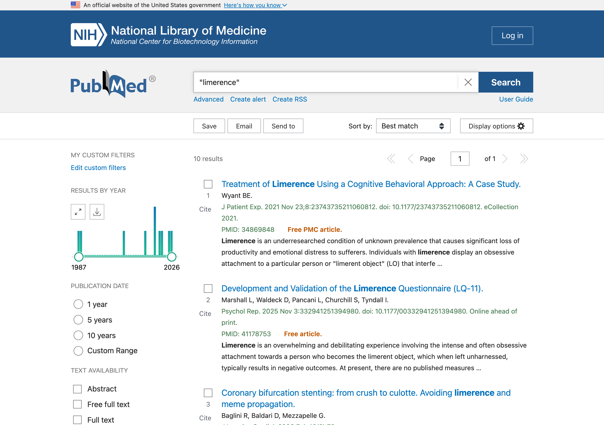 PubMed search results for the quoted phrase limerence, showing 10 results