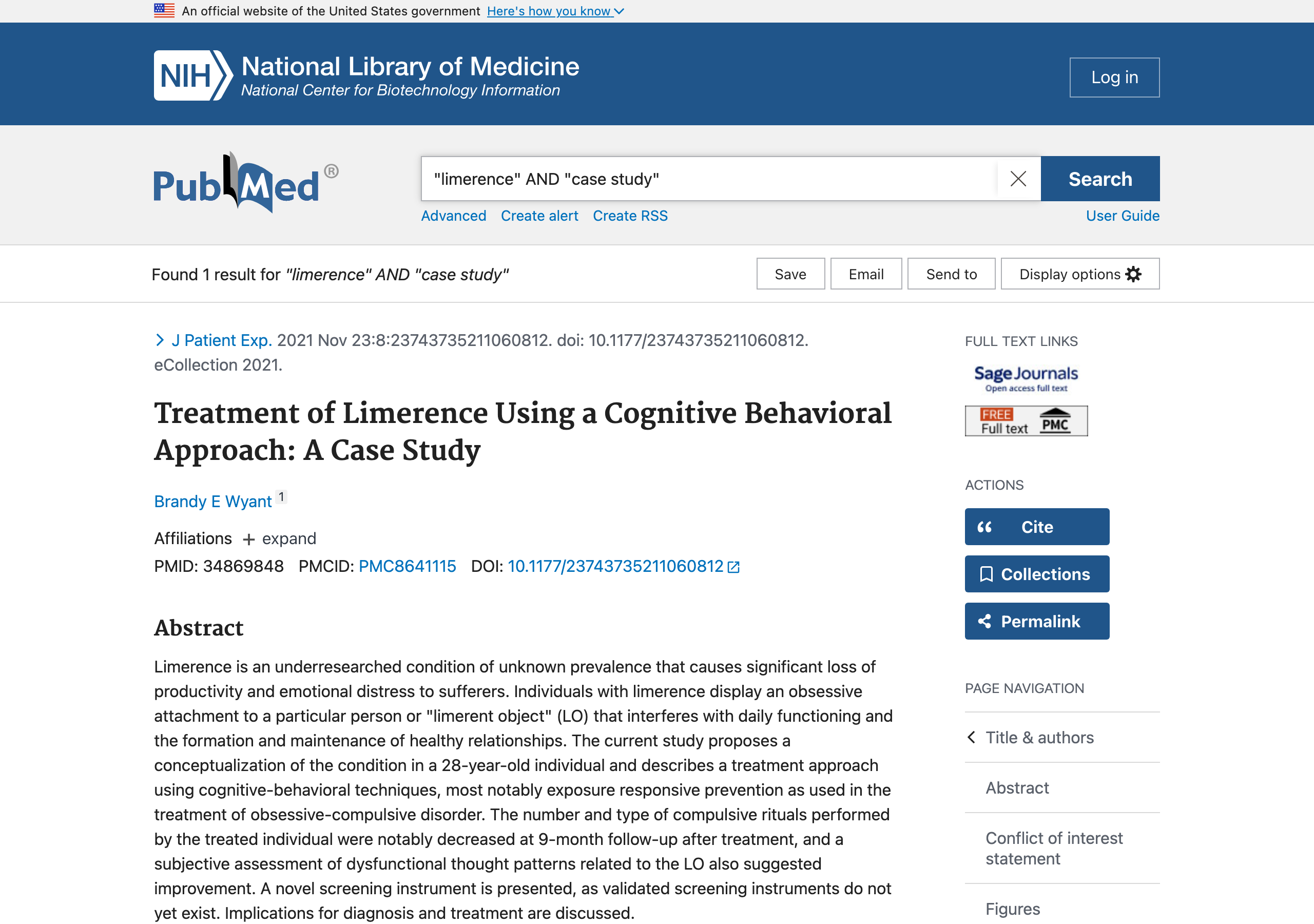 PubMed search results for limerence AND case study, showing exactly 1 matching result -- the Wyant case study