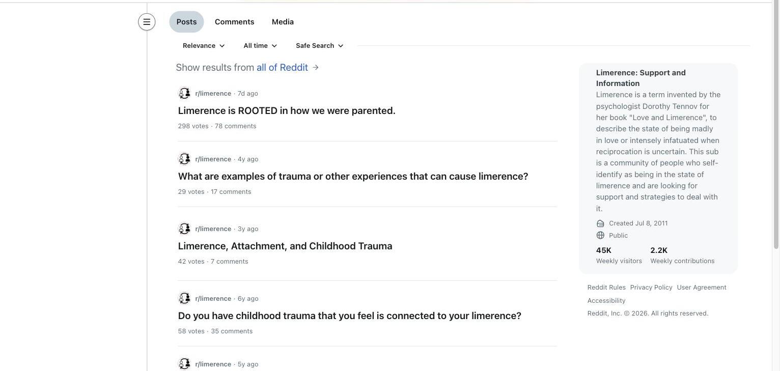r/limerence search results for limerence childhood trauma, showing posts including one with 298 votes on limerence being rooted in how people were parented