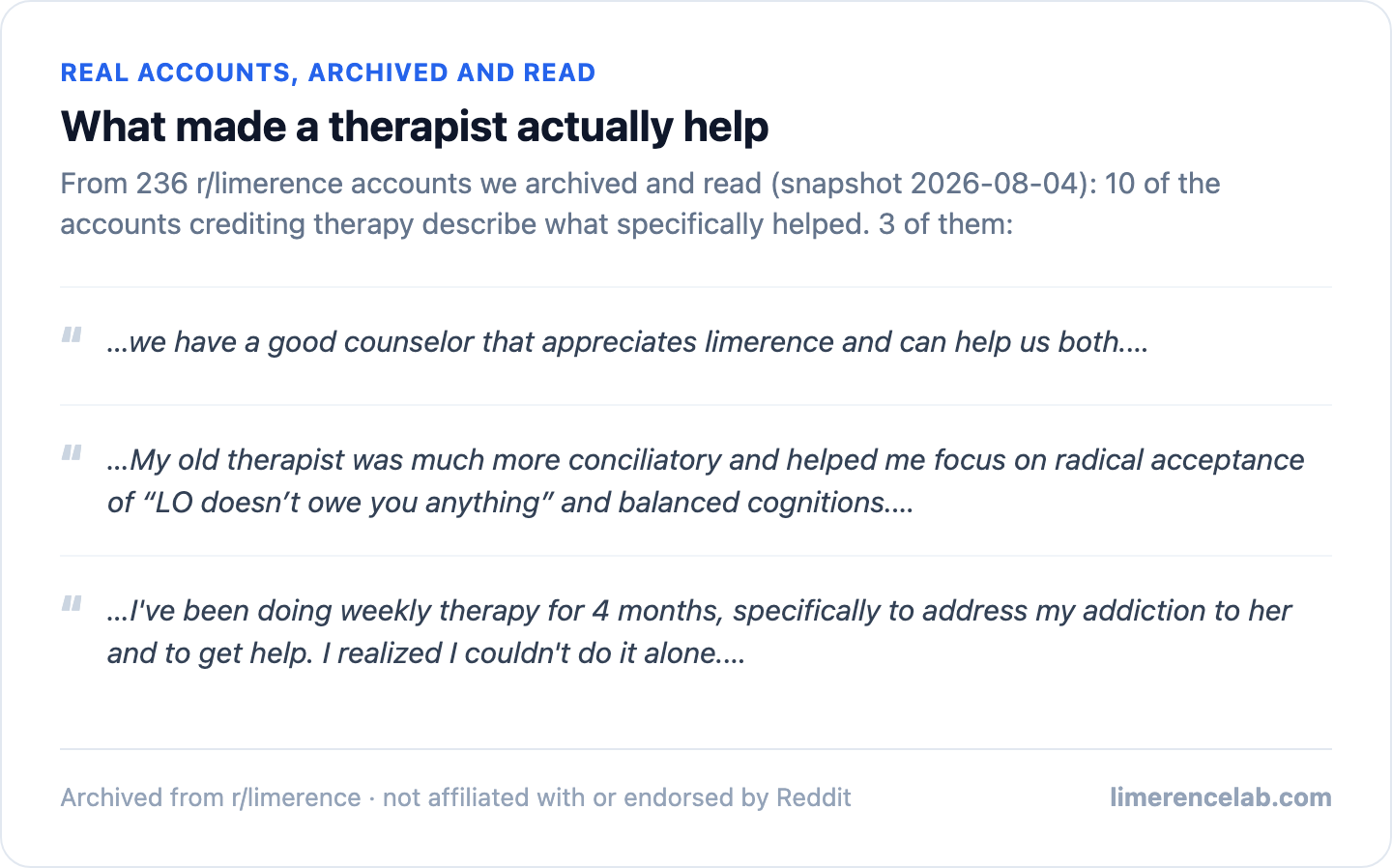 Three real archived accounts describing what specifically made a therapist help